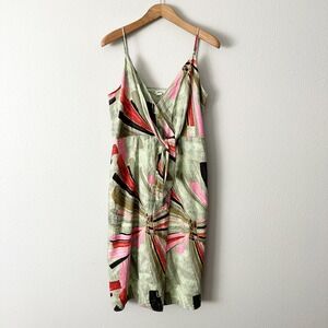 JASON WU Women's Linen Tropical Twist Front Spaghetti Strap Midi Dress Size 10